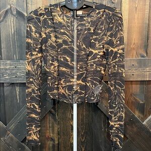 Urban Outfitters Mesh Ruffle Top S Black Tan Marble Sheer‎ Boho Festival Grunge